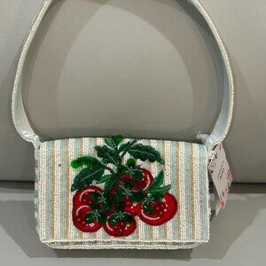 Handcrafted in India Beaded Tomato Gold Blue White Striped Shoulder Handbag NWT